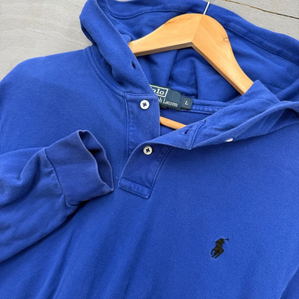 Polo Ralph Lauren Hooded Polo Shirt Blue Long Sleeve Pique Large